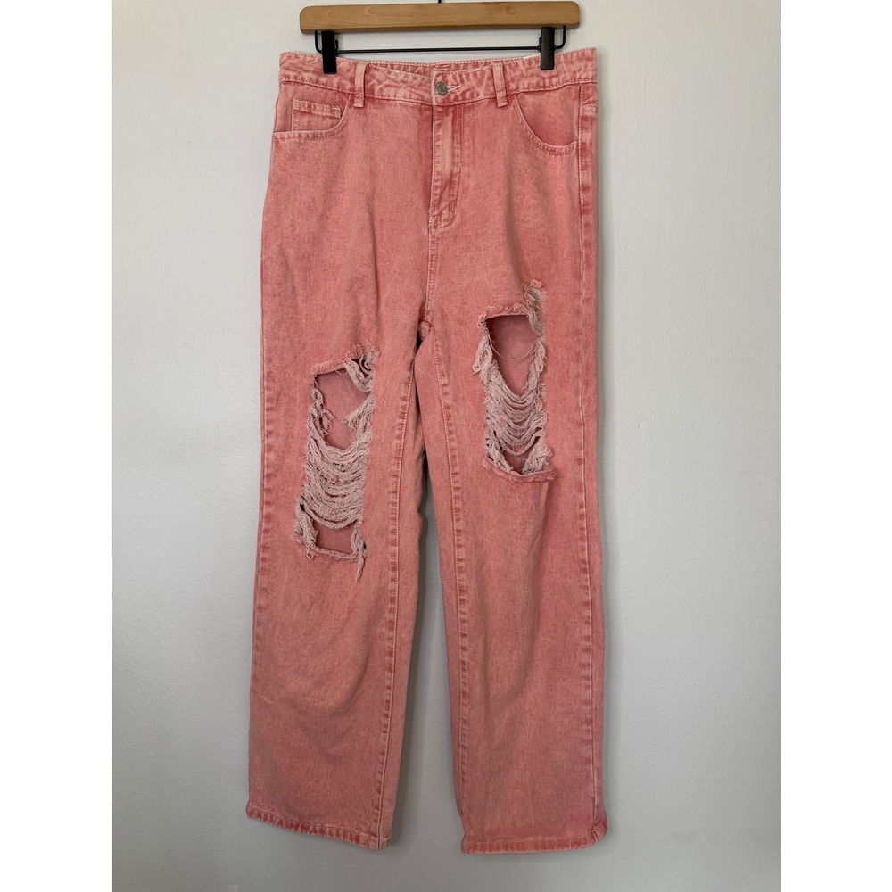 Shein - Pink Acid Wash Distressed High Waist Straight Leg Jeans Size Large‎